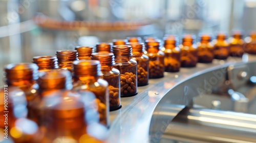 Symmetrical rows of brown glass short-neck bottles with pills on conveyor, pharmaceutical factory production line, industrial precision, close-up