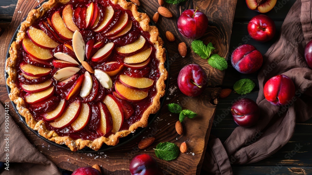 Delicious Homemade Plum and Almond Tart Displayed on Rustic Wooden Board Delicious Homemade Plum and Almond Tart Displayed on Rustic Wooden Board