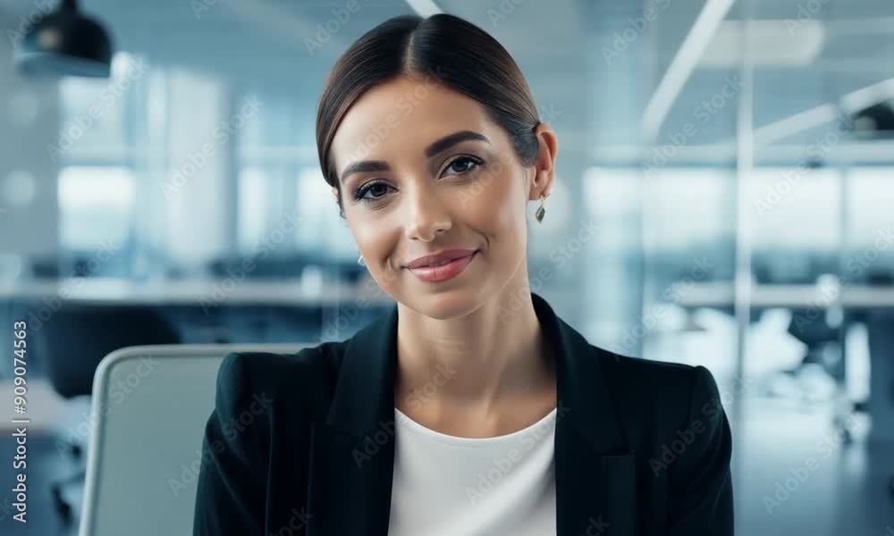 A woman in a business suit is smiling and sitting in front of a window A woman in a business suit is smiling and sitting in front of a window