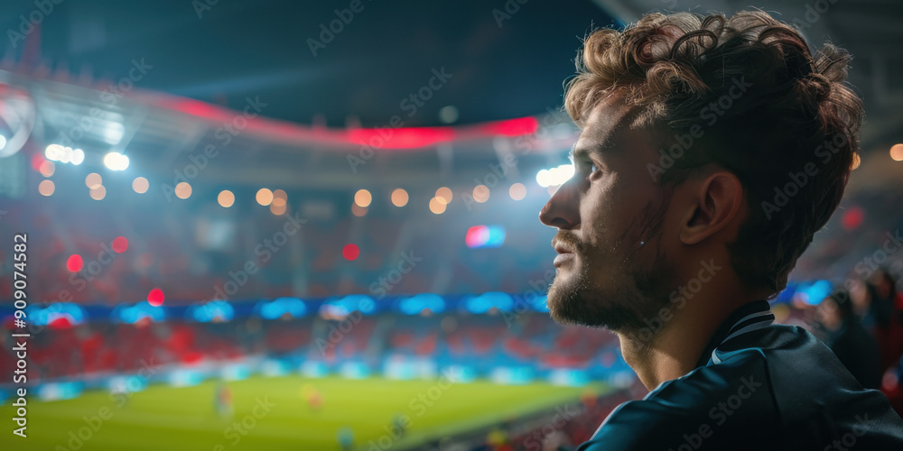 A man intently watching a soccer match in a brightly lit stadium, capturing the intense atmosphere and fan excitement. A man intently watching a soccer match in a brightly lit stadium, capturing the intense atmosphere and fan excitement.