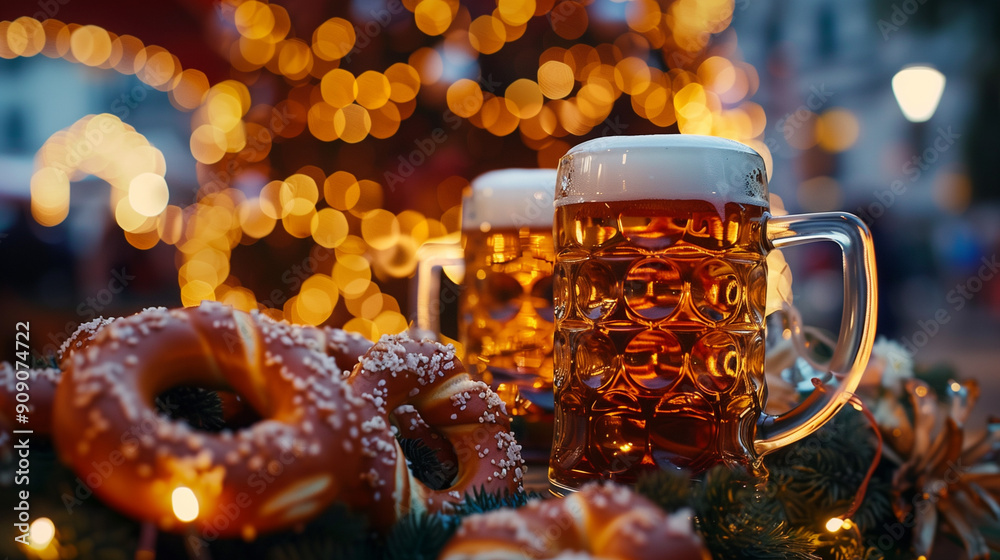 Traditional beer mugs and pretzels set against festive lights, capturing the warm ambiance of a celebration. Ideal for Oktoberfest or holiday-themed visuals. Traditional beer mugs and pretzels set against festive lights, capturing the warm ambiance of a celebration. Ideal for Oktoberfest or holiday-themed visuals.