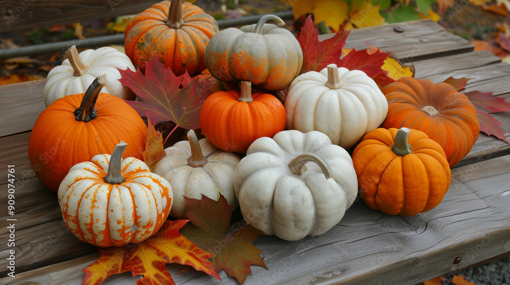 A collection of small pumpkins and colorful autumn leaves arranged on a rustic wooden surface. Perfect for Thanksgiving, fall, and seasonal decorations. A collection of small pumpkins and colorful autumn leaves arranged on a rustic wooden surface. Perfect for Thanksgiving, fall, and seasonal decorations.