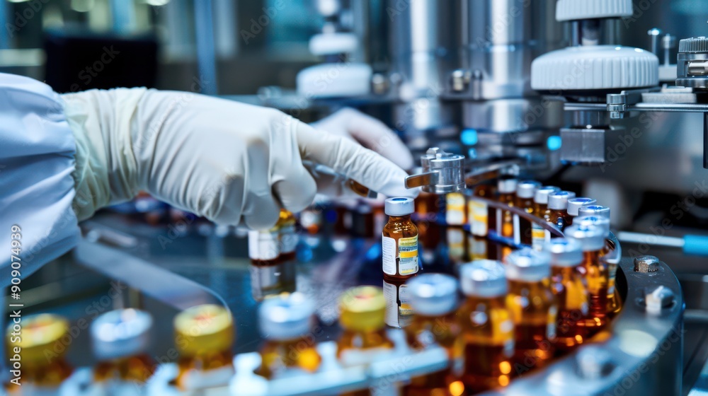 Pharmacist wearing sanitary gloves examining medicine vials on the production line in a modern pharmaceutical factory. Detailed control process with advanced machines Pharmacist wearing sanitary gloves examining medicine vials on the production line in a modern pharmaceutical factory. Detailed control process with advanced machines