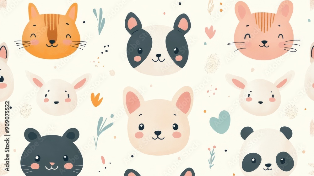 Seamless Pattern of Adorable Cartoon Animal Faces with Floral Elements Seamless Pattern of Adorable Cartoon Animal Faces with Floral Elements