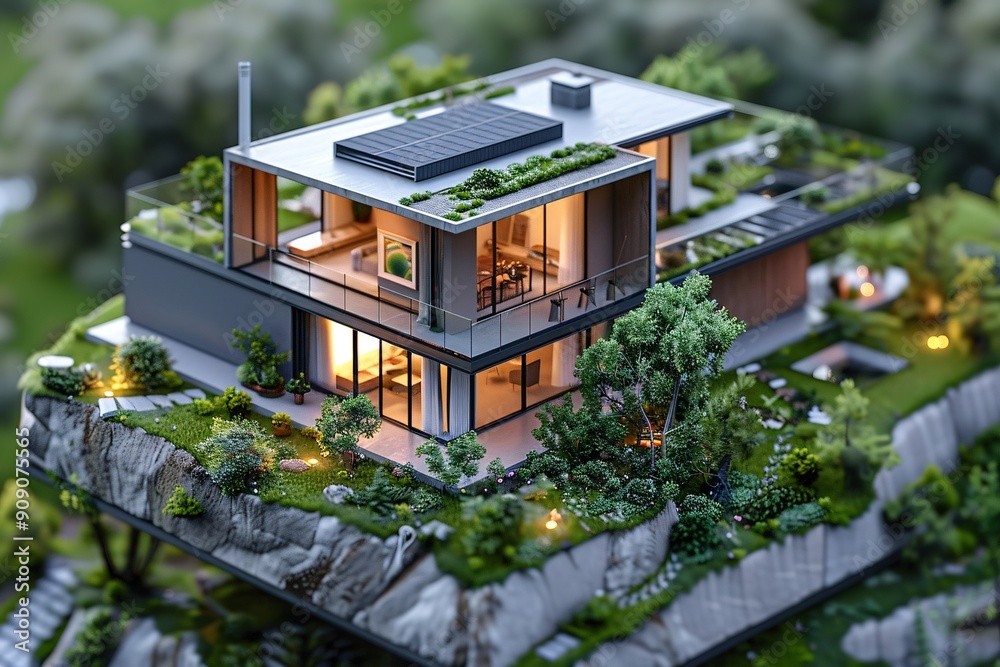Obraz premium 3d model, layout of an eco-friendly, energy-efficient house. Energy Efficient House. Renewable energy concept. Selective focus.