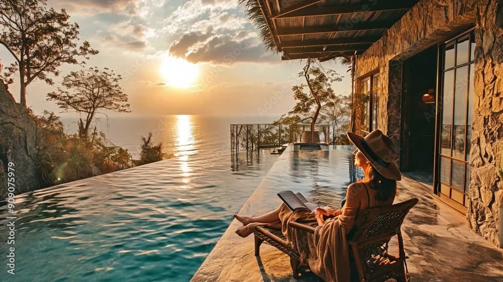 A woman curled up on a lounge chair by the pool, gazing out to sea
