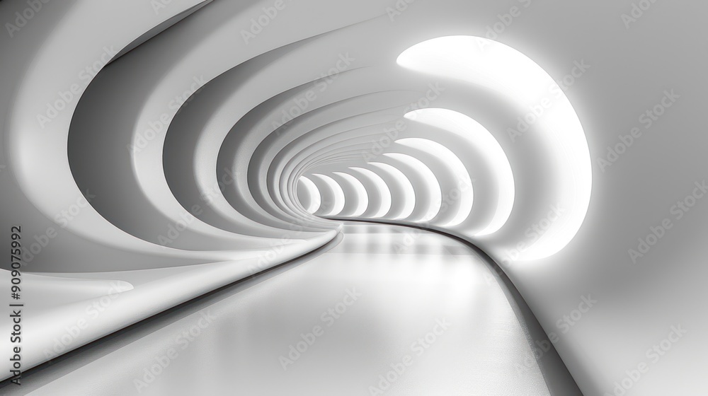 A sleek, curving corridor illuminated by soft white light A sleek, curving corridor illuminated by soft white light