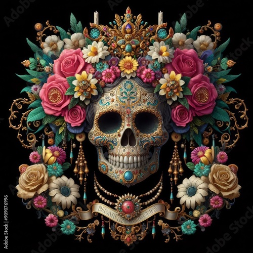 Dia de Muertos attributes detailed in photo realistic style
 photo