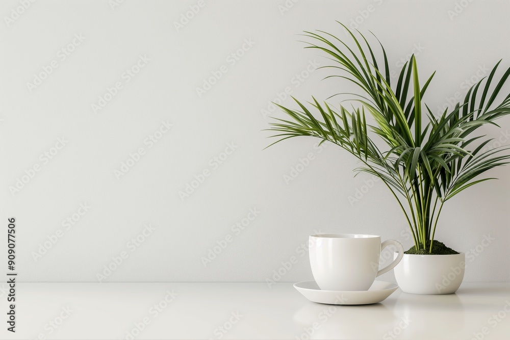 A white cup and a potted plant on a minimalist white background, giving an elegant and clean look ideal for comfort and calm. A white cup and a potted plant on a minimalist white background, giving an elegant and clean look ideal for comfort and calm.