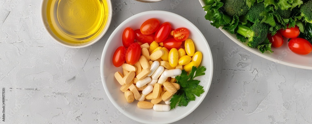 Creative shot of collagen supplements with a healthy meal, collagen, Creative shot of collagen supplements with a healthy meal, collagen,