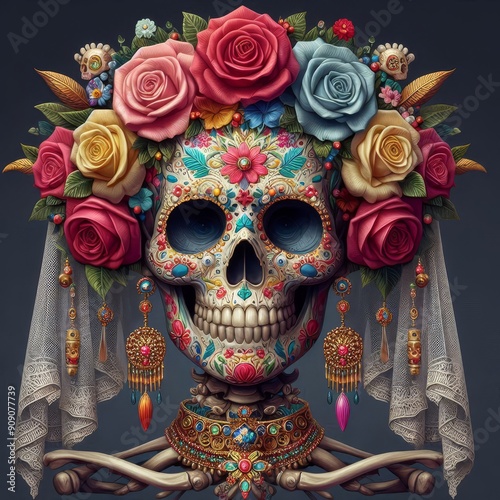 Dia de Muertos attributes detailed in photo realistic style
 photo