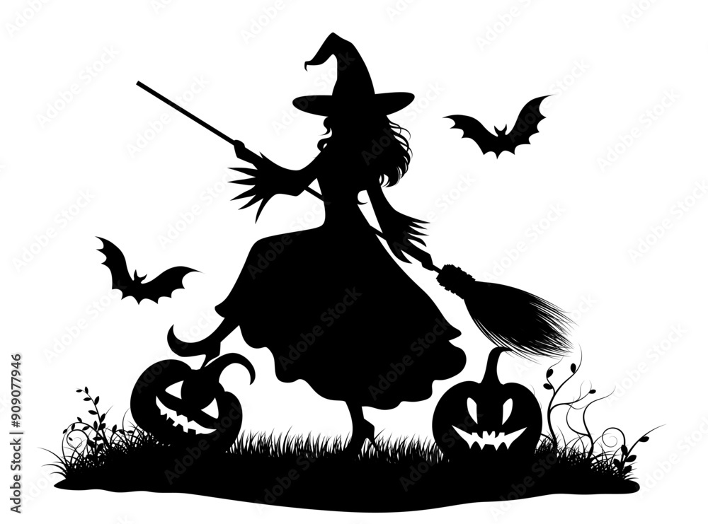 Fototapeta premium Silhouette witch step on an evil pumpkin on the ground. Two bats flying around. Vector illustrations.