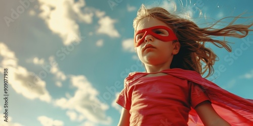 A girl in a red dress plays a superhero against a sky backdrop.