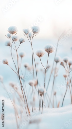 Snow-covered wildflowers close-up in a winter landscape, serene and minimalist concept