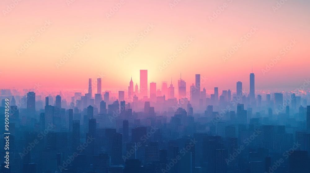 Silhouetted Cityscape Against a Pink Sunrise Silhouetted Cityscape Against a Pink Sunrise