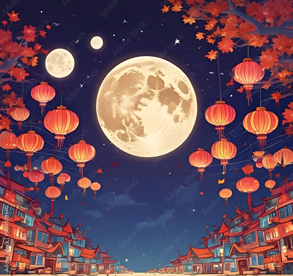 Mid-autumn festival background banner, image of a big full moon in the night sky, surrounded by colorful lanterns. Mid-autumn festival background banner, image of a big full moon in the night sky, surrounded by colorful lanterns.