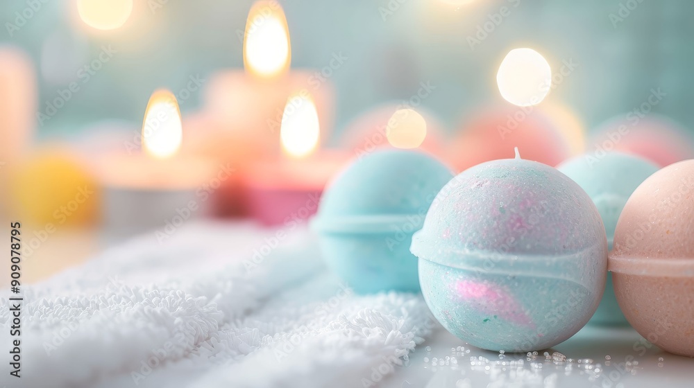 Colorful bath bombs and candles in a spa setting, cosmetics, Colorful bath bombs and candles in a spa setting, cosmetics,