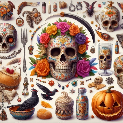 Dia de Muertos attributes detailed in photo realistic style
 photo