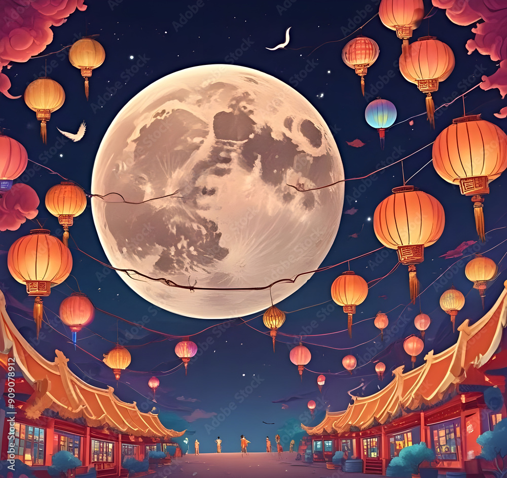 Mid-autumn festival background banner, image of a big full moon in the night sky, surrounded by colorful lanterns. Mid-autumn festival background banner, image of a big full moon in the night sky, surrounded by colorful lanterns.