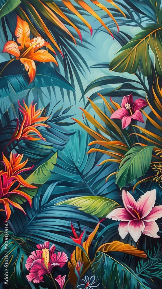 Breathtaking view showcasing rich tropical foliage adorned with various flowers under soft evening light Breathtaking view showcasing rich tropical foliage adorned with various flowers under soft evening light
