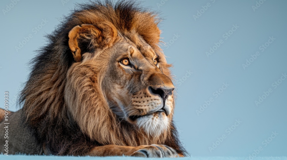 A powerful lion rests calmly, basking in warm evening light