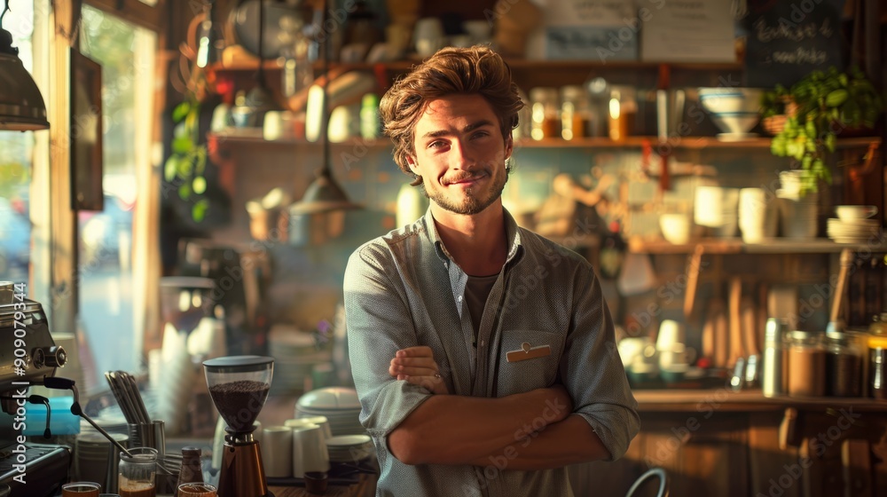 Passionate Brewmaster: A Young and Enthusiastic Coffee Cafe Owner in His Cozy Haven. Passionate Brewmaster: A Young and Enthusiastic Coffee Cafe Owner in His Cozy Haven.