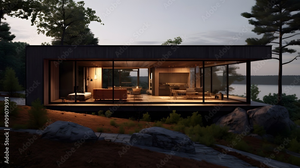 Fototapeta premium Modern Lake House with Large Windows at Sunset