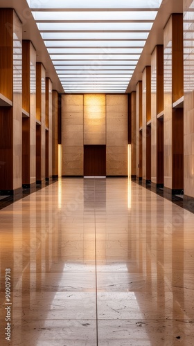 Deserted bank lobby  lights dimmed  reflective surfaces