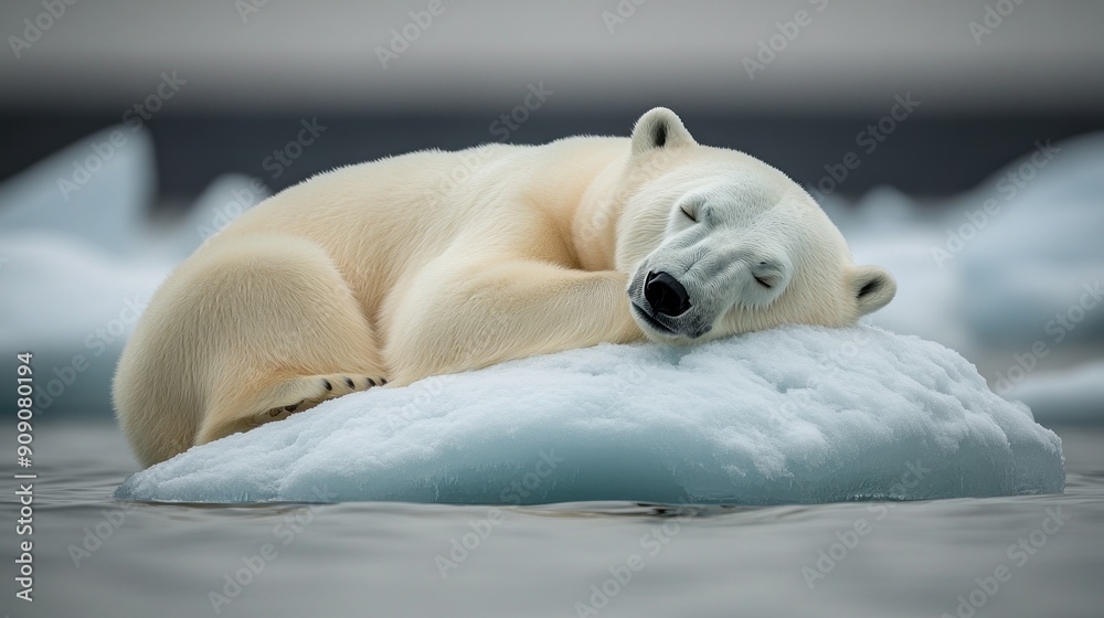 Obraz premium A serene polar bear naps atop a delicate ice floe, surrounded by tranquil waters