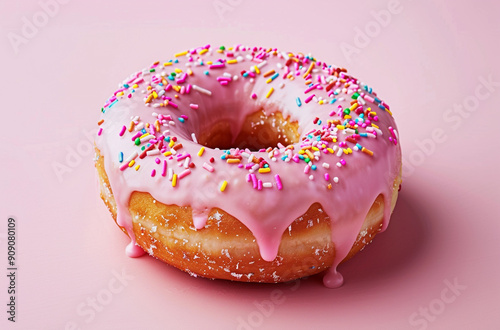 Colorful pink donut with colorful sprinkles and dripping glaze on pastel background