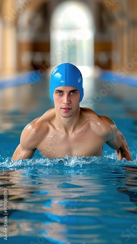 Determined Swimmer in Blue Swim Cap