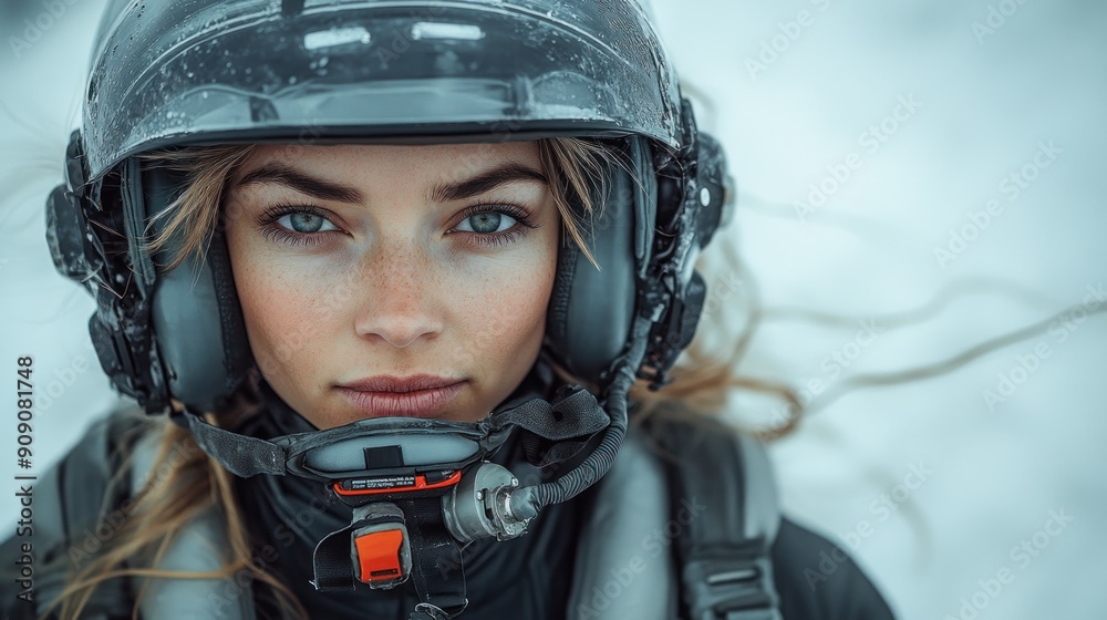 Obraz premium A woman in a helmet gazes into the distance against a snowy backdrop