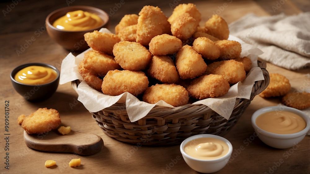 basket of golden chicken nuggets, fresh out of the fryer, with a crispy, breaded exterio basket of golden chicken nuggets, fresh out of the fryer, with a crispy, breaded exterio