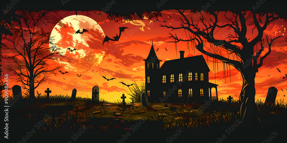 Sinister Haunted House with Full Moon, Bats, and Graves in Chilling Twilight Sinister Haunted House with Full Moon, Bats, and Graves in Chilling Twilight