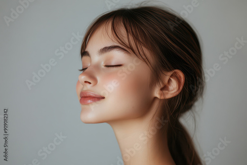 A close up of a girl's face with her eyes closed