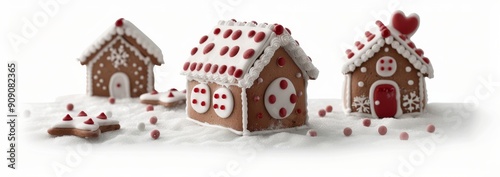 Decorated Gingerbread Houses With Colorful Candy on a Snowy Surface photo