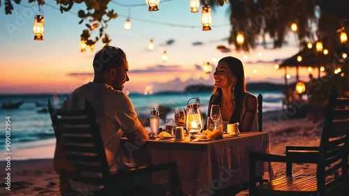 Romantic Beachside Dinner: Under the starry sky, a couple enjoys a candlelit dinner on the beach, creating a magical and intimate ambiance. The soft light, the gentle waves 