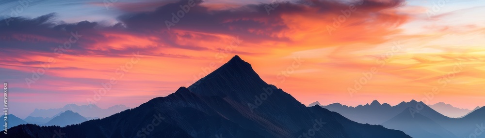 Obraz premium Scenic mountain silhouette against a dramatic sunset sky with vibrant colors, ideal for nature and adventure themes.