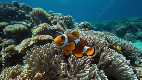 Coral reef and clownfish with macro underwater view