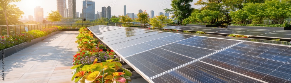 Fototapeta premium Shining solar panels on a rooftop with greenery, showcasing clean energy in a modern urban setting under bright sunlight.
