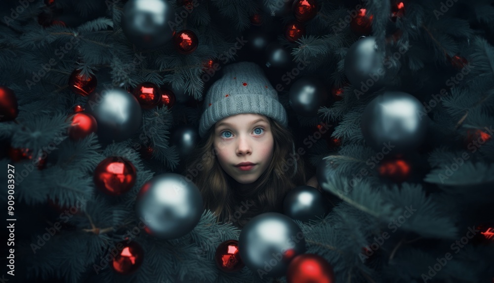 A young girl is surrounded by Christmas decorations and a beautifully adorned tree, exuding joy and excitement in the enchanting ambiance of the holiday season A young girl is surrounded by Christmas decorations and a beautifully adorned tree, exuding joy and excitement in the enchanting ambiance of the holiday season