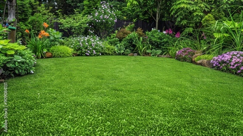 A lush green lawn with a garden border in full bloom
