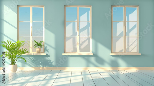 Spacious room with large windows allowing abundant natural light  featuring potted plants on the window sills.