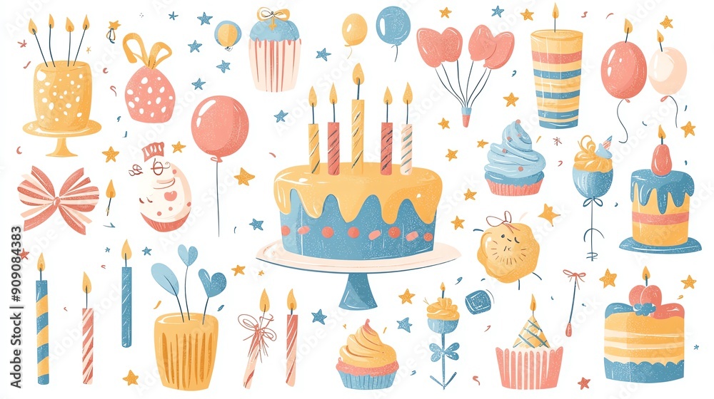 Colorful birthday celebration elements including cakes, balloons, and candles for festive designs and joyful occasions. Colorful birthday celebration elements including cakes, balloons, and candles for festive designs and joyful occasions.