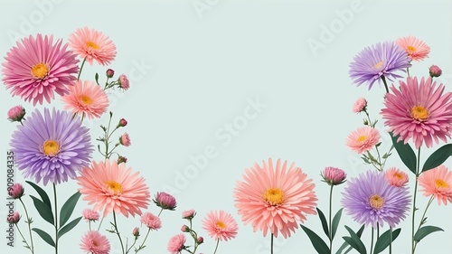Aster floral composition is made of fresh colorful flowers on a light pastel background