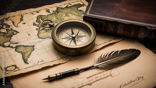 Vintage Navigation Tools on Antique World Map: Compass, Quill, and Aged Parchment for Adventure Exploration