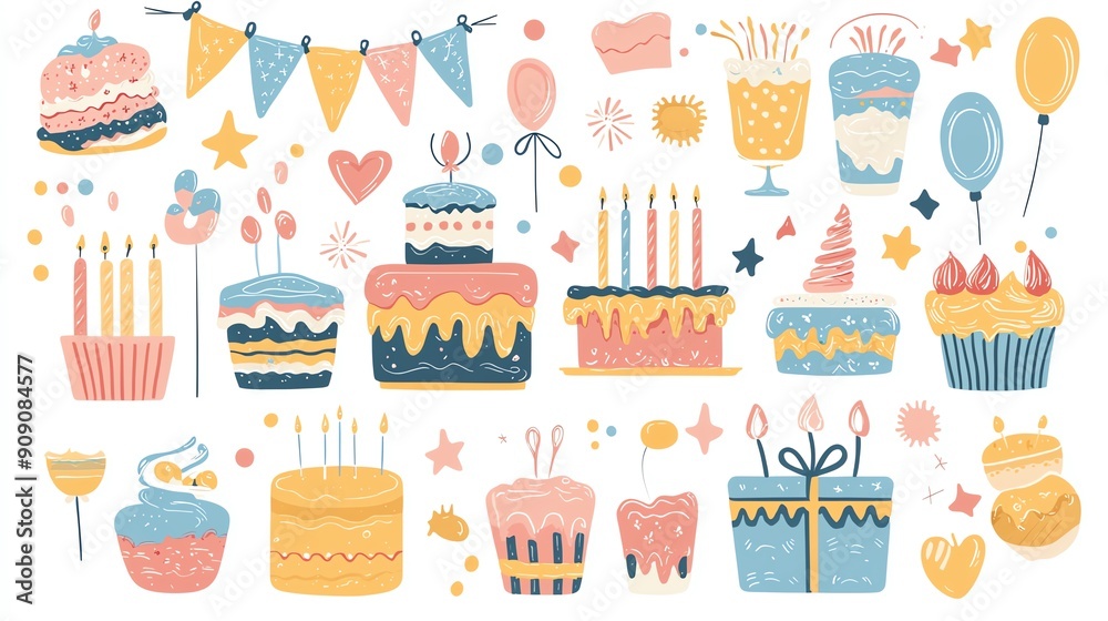 Colorful illustration of birthday elements including cakes, balloons, and decorations perfect for celebrations. Colorful illustration of birthday elements including cakes, balloons, and decorations perfect for celebrations.