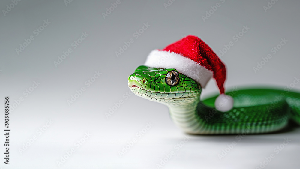 Happy little green snake wearing christmas santa claus hat. Funny dog enjoys christmas. Happy little green snake wearing christmas santa claus hat. Funny dog enjoys christmas.