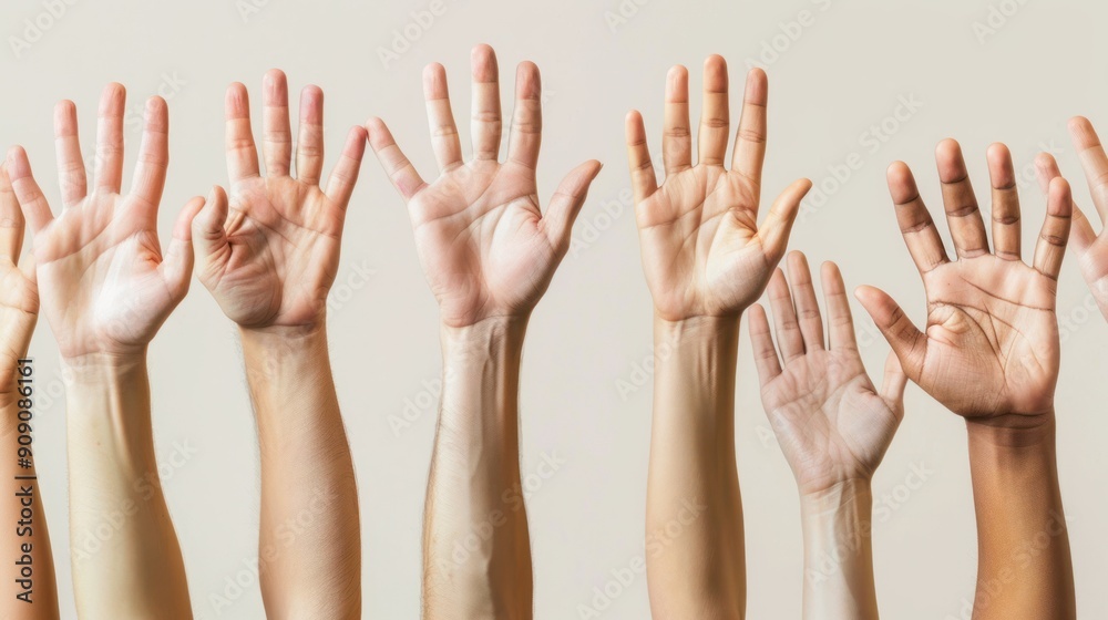 A group of hands raised together symbolizing support and solidarity A group of hands raised together symbolizing support and solidarity