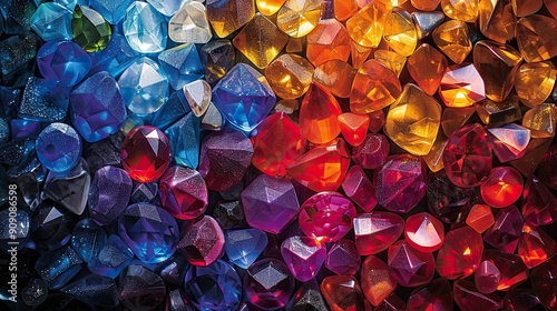A close-up of brightly colored gemstones arranged in a playful pattern, showcasing a variety of vibrant hues